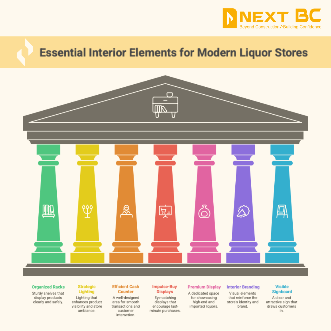 Essential interior elements for modern liquor stores graphic